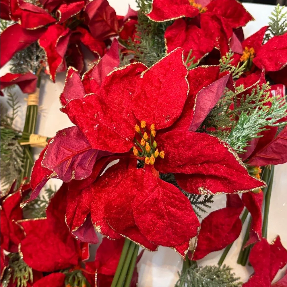 Red Poinsettia Floral Bouquet Set of 7 Red Velvet Gold edge poinsettia bouquets